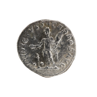 Denarius of Elagabalus (reigned 218–222), Roman Empire, c. 220–222. Obverse: Bust of Elagabalus