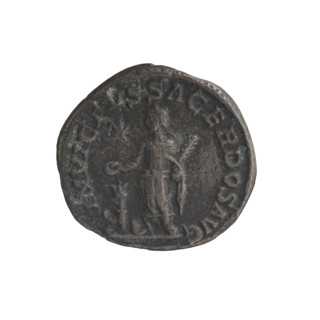 Denarius of Elagabalus (reigned 218–222 CE), Roman Empire, c. 220–222. Obverse: Bust of Elagabalus