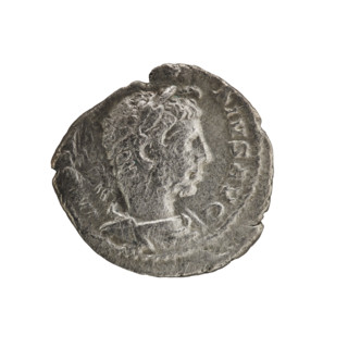 Denarius of Elagabalus (reign 218–222). Obverse: IMP A, PIVS AVG — Bust of Elagabalus with laurel