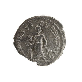 Denarius of Elagabalus (reigned 218–222). Obverse: IMP A PIVS AVG — Bust of Elagabalus with laurel