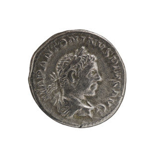 Denarius of Elagabalus (reigned 218–222). Obverse: Bust of Elagabalus with laurel wreath and