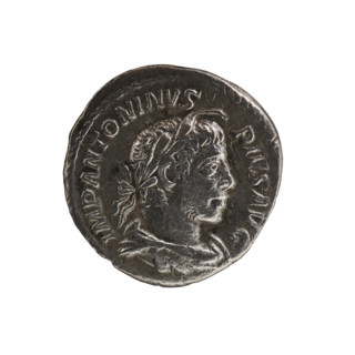 Denarius of Elagabalus (reigned 218–222 CE). Obverse: bust of Elagabalus with laurel wreath and