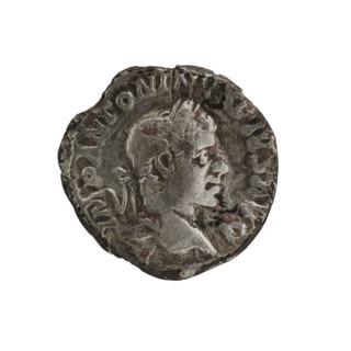 Denarius of Elagabalus (reigned 218–222 CE), Roman Empire. Obverse: Head of Elagabalus with laurel