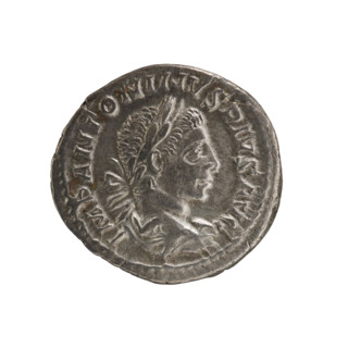 Denarius of Elagabalus (reigned 218–222). Obverse: Bust of Elagabalus with laurel wreath and