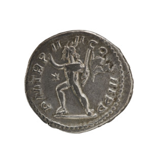 Denarius of Elagabalus (reigned 218–222). Obverse: Bust of Elagabalus with laurel wreath and