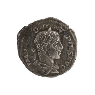 Denarius, Elagabalus (reigned 218–222). Obverse: IMP ANTONINVS PIVS AVG — Bust of Elagabalus with