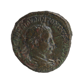 Sestertius of Elagabalus (204–222; Roman emperor 218–222). Obverse: Bust of Elagabalus in laurel