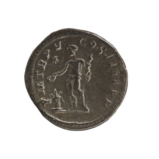 Denarius of Elagabalus (reigned 218–222 CE), Roman Empire. Obverse: Bust of Elagabalus with laurel