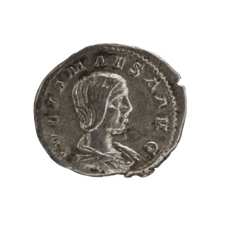 Denarius of Elagabalus (reigned 218–222 AD). Obverse: Draped bust of Julia Maesa facing right,