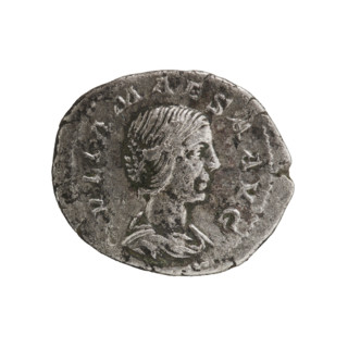 Denarius, Elagabalus (reign 218–222). Obverse: IVLIAMAESAAVG — Draped bust of Julia Maesa facing