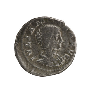 Denarius, Elagabalus (204–222; Roman emperor 218–222). Obverse: IVLIAMAESAAVG — Draped bust of