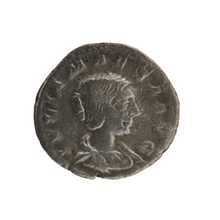 Denarius, Elagabalus (204–222; Roman emperor 218–222). Obverse: IVLIAMAESAAVG — draped bust of