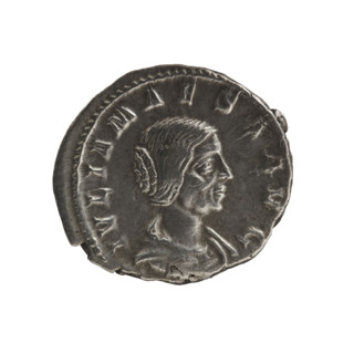 Denarius, Elagabalus (204–222; Roman emperor 218–222). Obverse: IVLIAMAESAAVG — Draped bust of