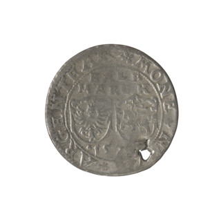 Livonian half-mark (half-fine), ca. 1573. Obverse: inscription 'HALB/MARCK' above two heraldic