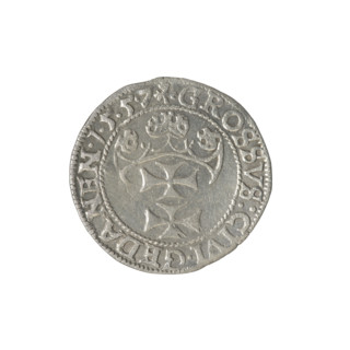 Gdansk grosz, Sigismund II Augustus (King of Poland; 1544–1572). Obverse: Crowned male bust in