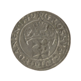 Gdansk grosz, Sigismund I the Old (King of Poland; 1506–1548). Silver coin, 1540. Obverse: Crowned