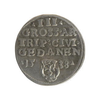 Gdansk trojak, Sigismund I the Old (King of Poland; 1506–1548). Polish coin (1538). Obverse: