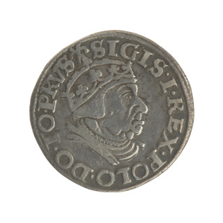 Gdansk trojak, Sigismund I the Old (King of Poland; 1506–1548). Obverse: Crowned male bust in