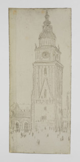 Town hall tower in Krakow with neo-Gothic guardhouse, Feliks Jablczynski (1865–1928), graphic