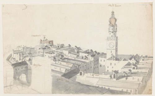 Innsbruck — Town Hall and Stadtturm from a bird's-eye view, Folpert van Ouden Allen (1635–1715),