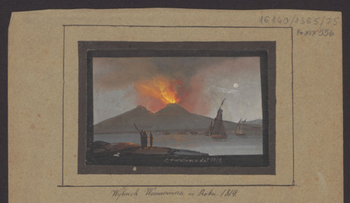 The eruption of Vesuvius in 1819; Camillo de Vito (fl. 1794–1845), draughtsman; subject: Vesuvius