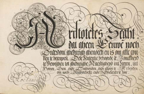 Writing sample: Aristoteles Seght, 't Magazin oft pac-huys der loffelycker penn-const, print, album