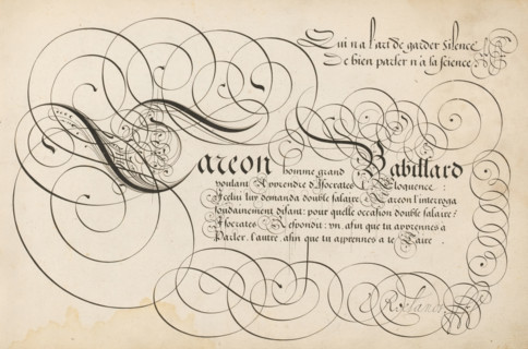 Writing sample: Careon homme grand, 't Magazin oft pac-huys der loffelycker penn-const, print,