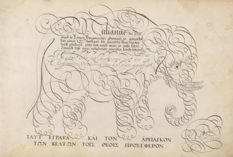 Writing sample with an elephant in scrollwork, 't Magazin oft pac-huys der loffelycker penn-const,