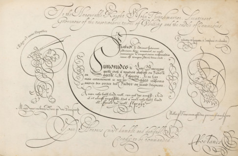 Writing example: Fratres, si credimus, 't Magazin oft pac-huys der loffelycker penn-const, print,