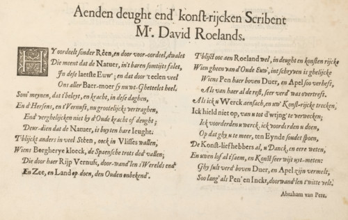 To the virtue and artistic writer, Poem to David Roelands, the Magazine or warehouse of the