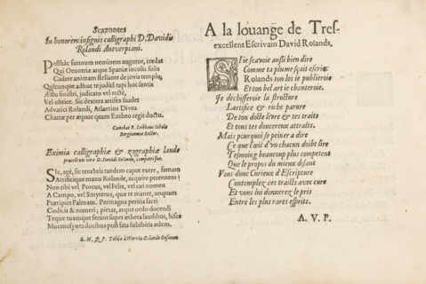 Three threshold poems, 't Magazin oft pac-huys der loffelycker penn-const, albumblad, text sheet,