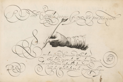 Recte Exempla docere, Right hand with a quill pen, 't Magazin oft pac-huys der loffelycker