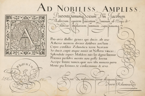 Writing example: Pro-avis illustre genus, 't Magazin oft pac-huys der loffelycker penn-const,