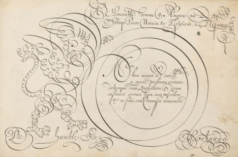 Writing sample with a griffin in scrollwork, 't Magazin oft pac-huys der loffelycker penn-const,