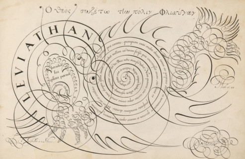 Writing sample with a sea monster in scrollwork, 't Magazin oft pac-huys der loffelycker