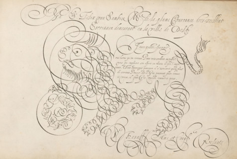 Writing sample with a lion in scrollwork, 't Magazin oft pac-huys der loffelycker penn-const,
