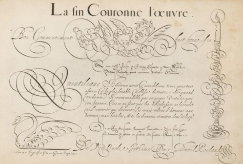 Writing sample: Quintiliane Historien escrit, 't Magazin oft pac-huys der loffelycker penn-const,