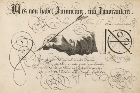 Right hand with goose quill, Ars non habet inimicum, nisi ignorantem, 't Magazin oft pac-huys der