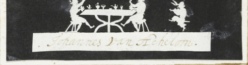Two drinkers at a table and a servant, cut-paper work, papercut artist: Johannes van Achelom,