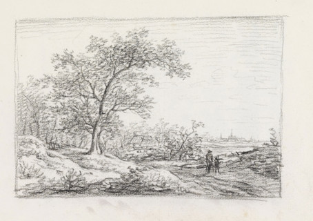 Landscape with two figures on a path, sketchbook page, In the background the silhouette of a