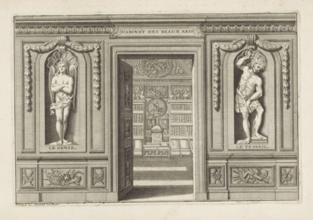 Open door to an art room with statues on either side of the personifications of Genius and Work,