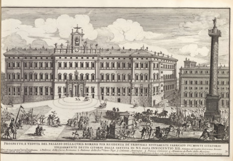 Prospetto, e veduta del palazzo della curia Romana per residenza de tribunali nuovamente fabricato