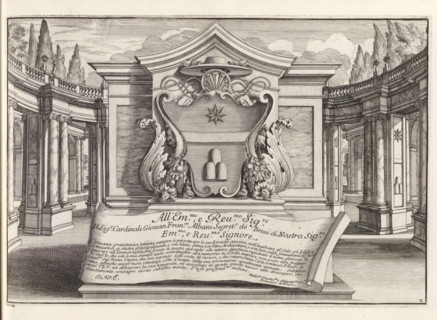 Ornamental coat of arms with coat of arms of Cardinal Giovanni Francesco Albani, the later Pope