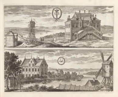 Lindholmen, Lidöön, View of the Lindholmen mansion and the Lidö house, Suecia Antiqua et Hodierna,