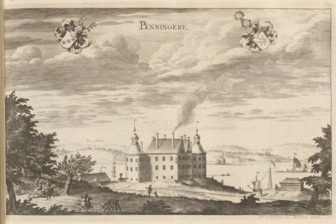 Penningeby, View of the castle Penningby, Suecia Antiqua et Hodierna, print, album page,