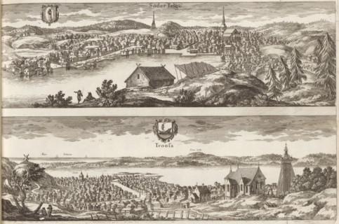 View of Södertälje and Trosa, Söder Telge, Troosa, Suecia Antiqua et Hodierna, print, album page,