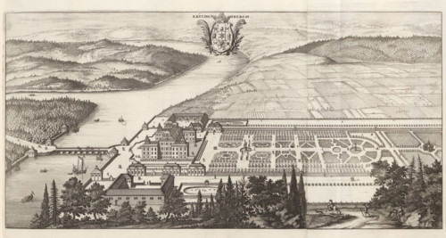 Erichsbergh, Ericsberg Castle in a bird's-eye view, Suecia Antiqua et Hodierna, print, album page,