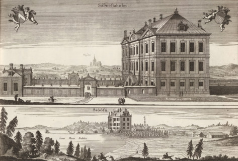 View of Sävstaholm castle and house Sjösa, Säfwestaholm, Siöösa, Suecia Antiqua et Hodierna, print,