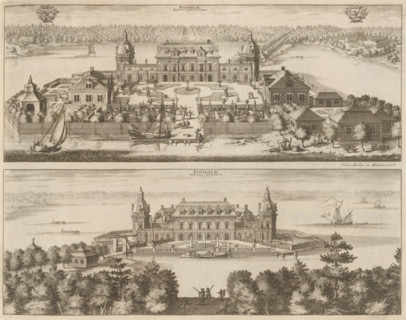 View of the Sjöholm country house, from the north and the south, Siöholm versus Septentrionem,