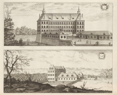 View of Målhammar Manor and Myrö House, Målhammar, Myra, Suecia Antiqua et Hodierna, print, album